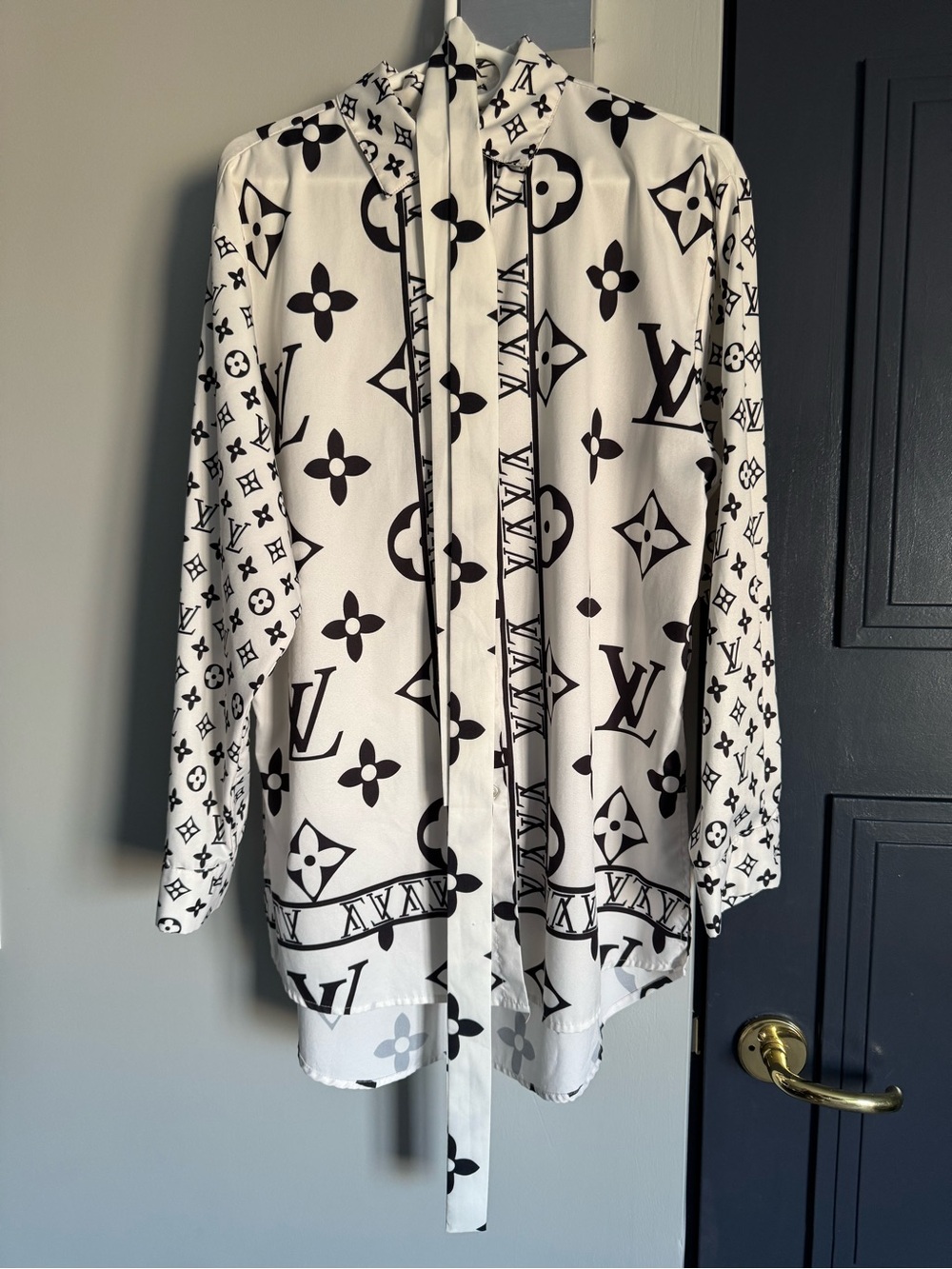Black & White Monogram Print Long Sleeve Shirt with Tie